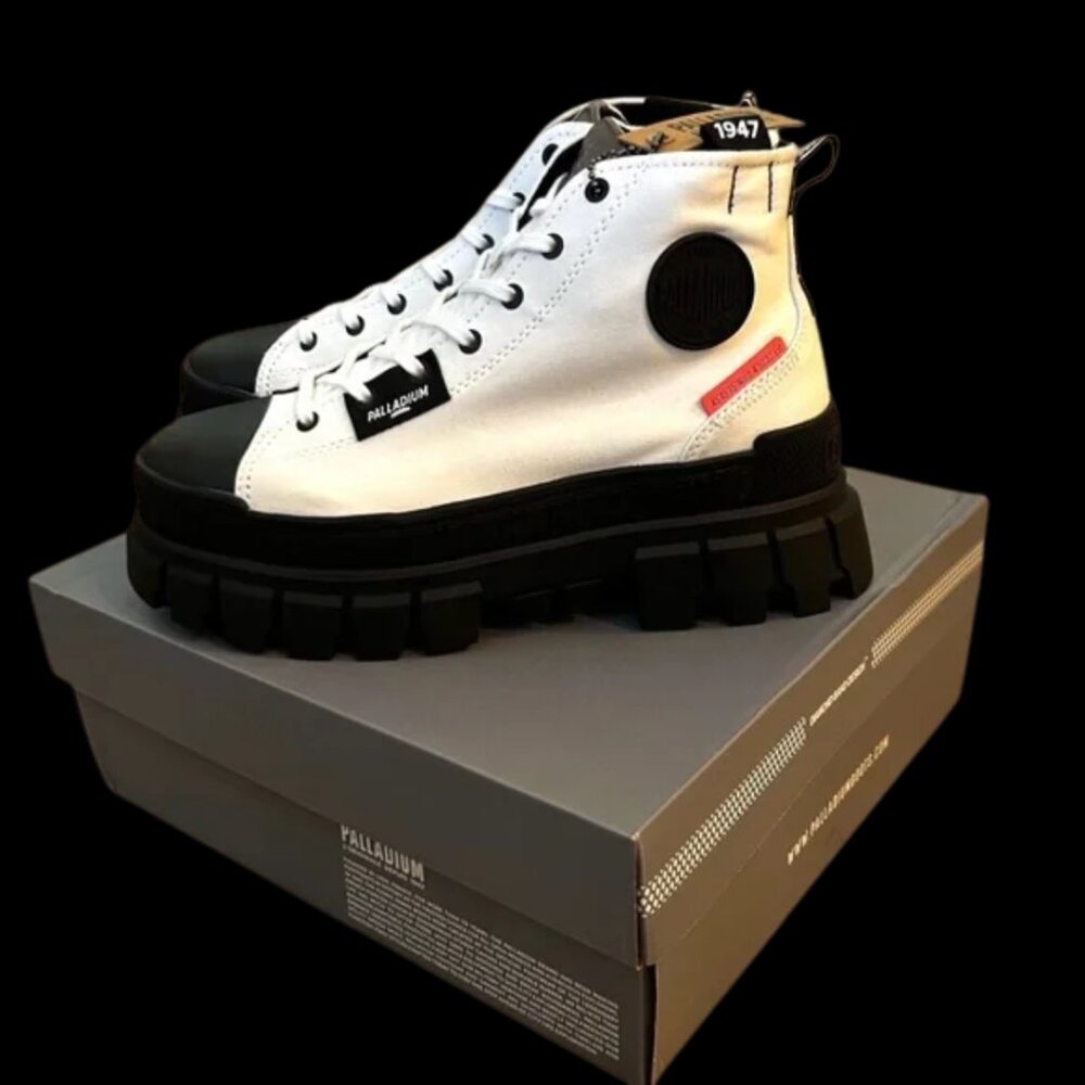 NEW Palladium Black White Canvas Chunky Lug Sole Y2K High Top Vegan Combat Boots - Picture 12 of 13
